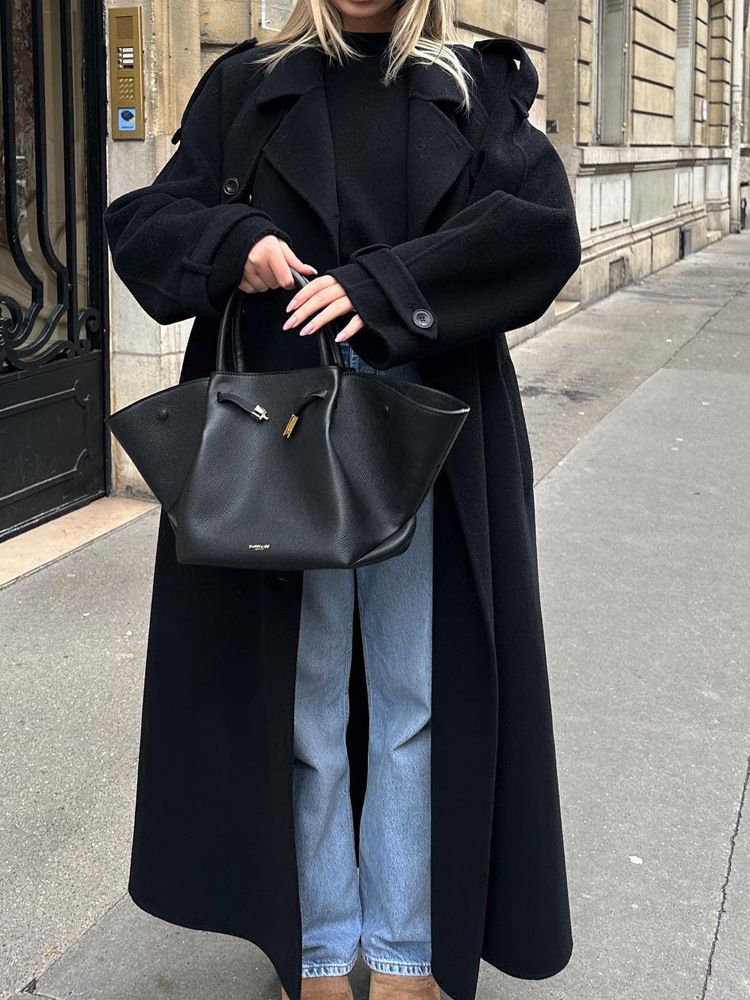 Damenbekleidung Einfarbig Revers Langarm Langer Mantel Temperament Pendeln Woll Retro Mantel_voghion.com