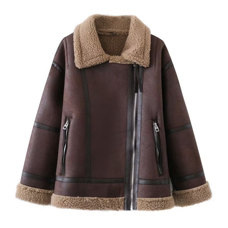 Damenbekleidung neuer Revers Lammwollmantel Damen Winter Motorradanzug dickes Fell Retro Jacke Tops Damen_voghion.com