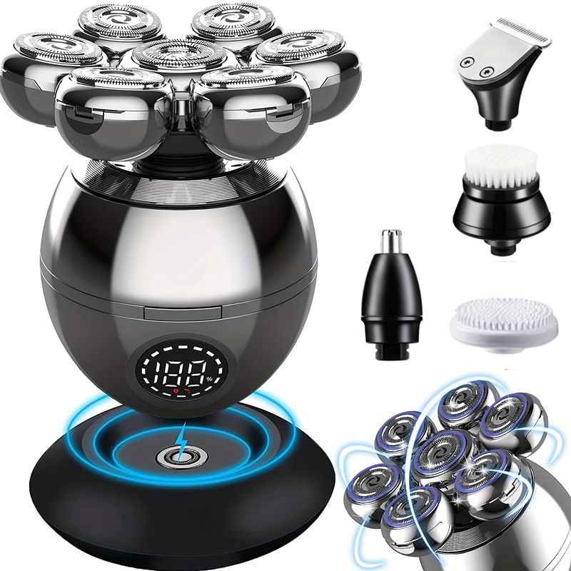 Kit 5 in 1 per la cura della testa calva: rasoio elettrico con lame rotanti, tagliacapelli, rifinitore per naso, spazzola e massaggiatore, senza fili_voghion.com