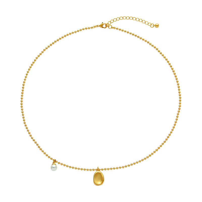 French Minimalist Small Gold Bean Pearl Necklace Label Pendant Collarbone Versatile Temperament Short Round Bead Sweater_voghion.com