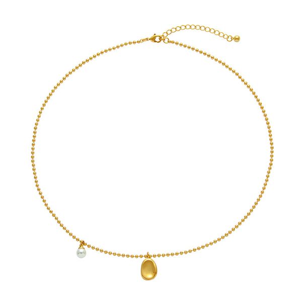 French Minimalist Small Gold Bean Pearl Necklace Label Pendant Collarbone Versatile Temperament Short Round Bead Sweater_voghion.com