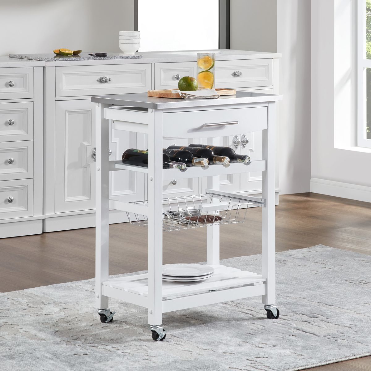 Mobile Rolling Kitchen Island Trolley Serving Cart With Underneath Drawer & Slide-Out Wire Storage Basket_voghion.com