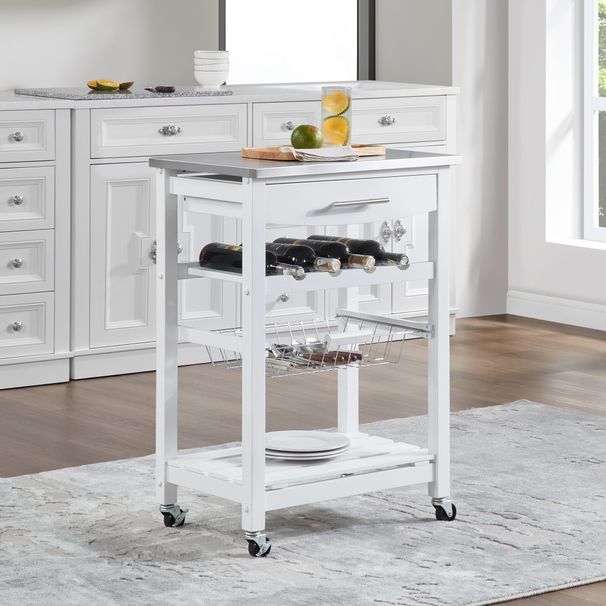 Mobile Rolling Kitchen Island Trolley Serving Cart With Underneath Drawer & Slide-Out Wire Storage Basket_voghion.com