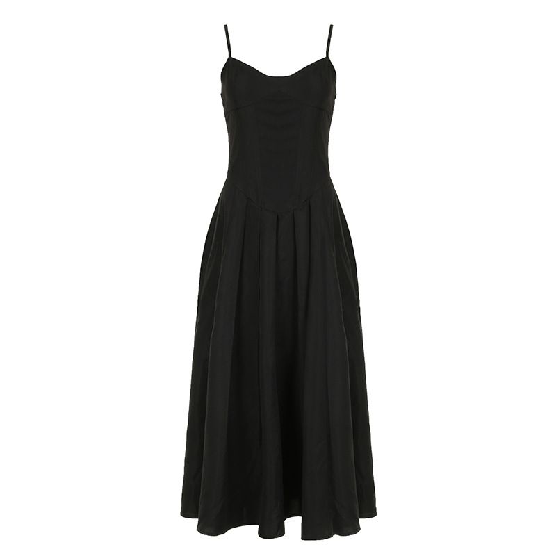 Damenbekleidung Einfarbige Brustsegmentierung Schlanke Hosenträger Langer Rock Regenschirmrock Sommer Taillenkleid_voghion.com