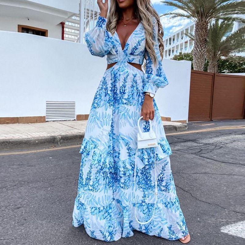Women's 2023 Spring New Sexy V-neck Hollow-out Design Printed Long Sleeve Dress_voghion.com
