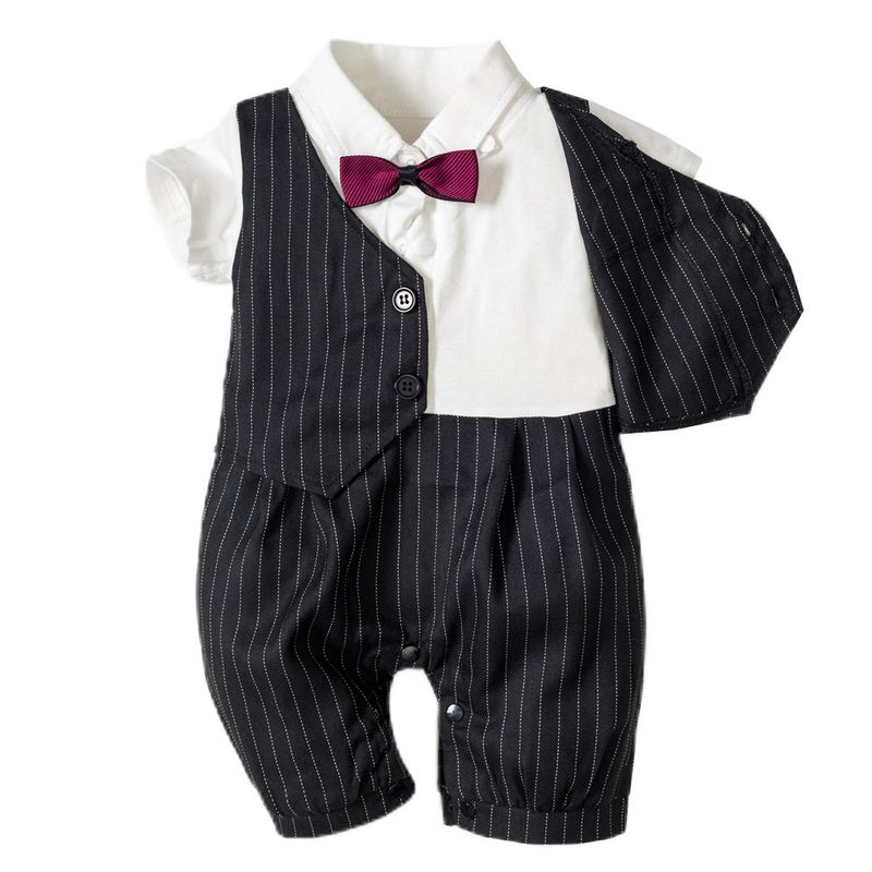 Children's new summer clothing boys gentleman striped short-sleeved suit children's bow vest jumpsuit_voghion.com