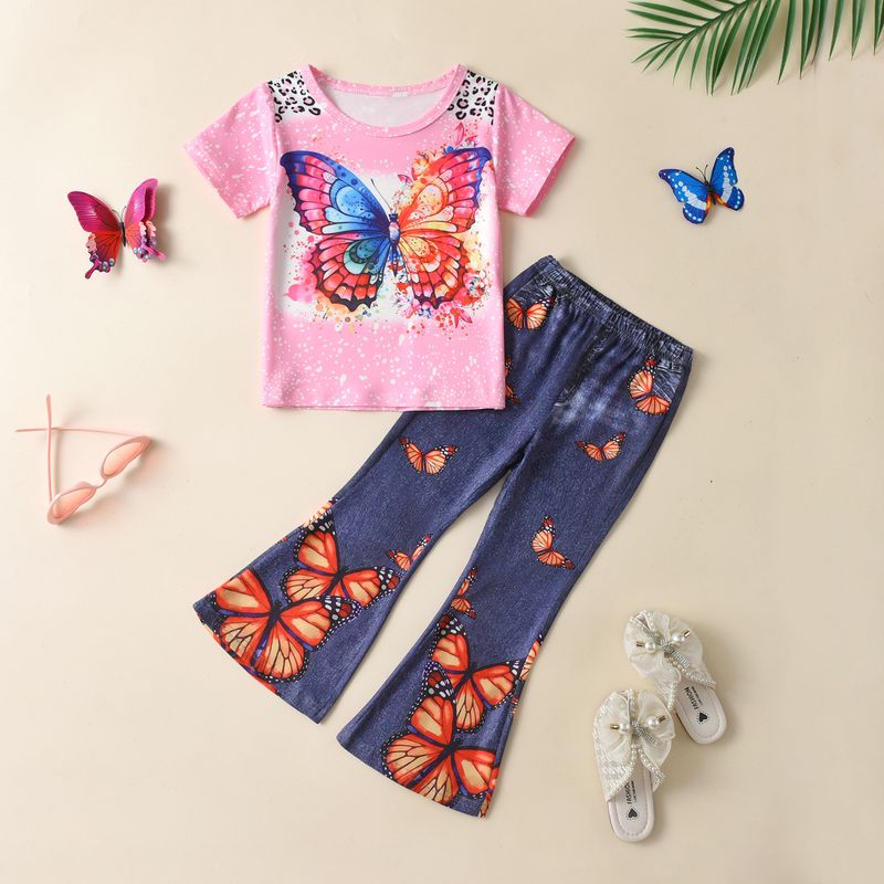 Mère et enfants nouveaux filles d'été européennes et américaines T-shirt à manches courtes imprimé papillon imitation denim pantalon évasé costume deux pièces en stock_voghion.com