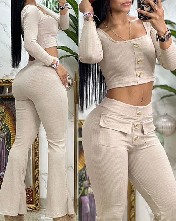 Abito casual a maniche lunghe con bottoni tinta unita_voghion.com