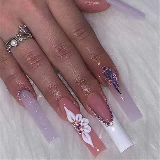 Elegant Press-on Nails With Rhinestones & Glitter Floral Design - Ins Style False Nails For Women, Reusable & Easy To Apply (Glue/Sticker Options)_voghion.com