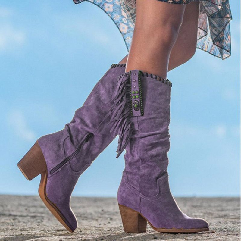 Women's Shoes autumn and winter new women's large size tassel boots thick high heels long large size women's long boots_voghion.com