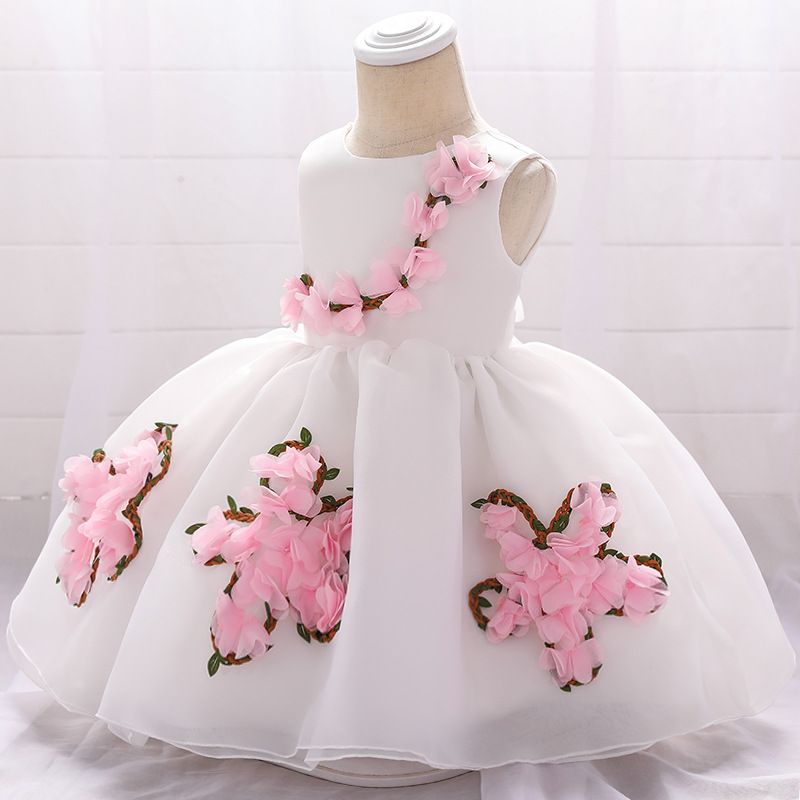 Organzakleid für Baby-Mädchen – Flauschiges Prinzessinnenkleid mit handgefertigten Blumen | Verstellbares Blumenmädchen-Outfit_voghion.com