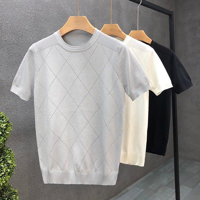 Maglietta intima da uomo estiva 2024, maglietta alla moda con scollo rotondo e mezze maniche, camicia di alta qualità a quadri con diamanti, in seta lavorata a maglia_voghion.com