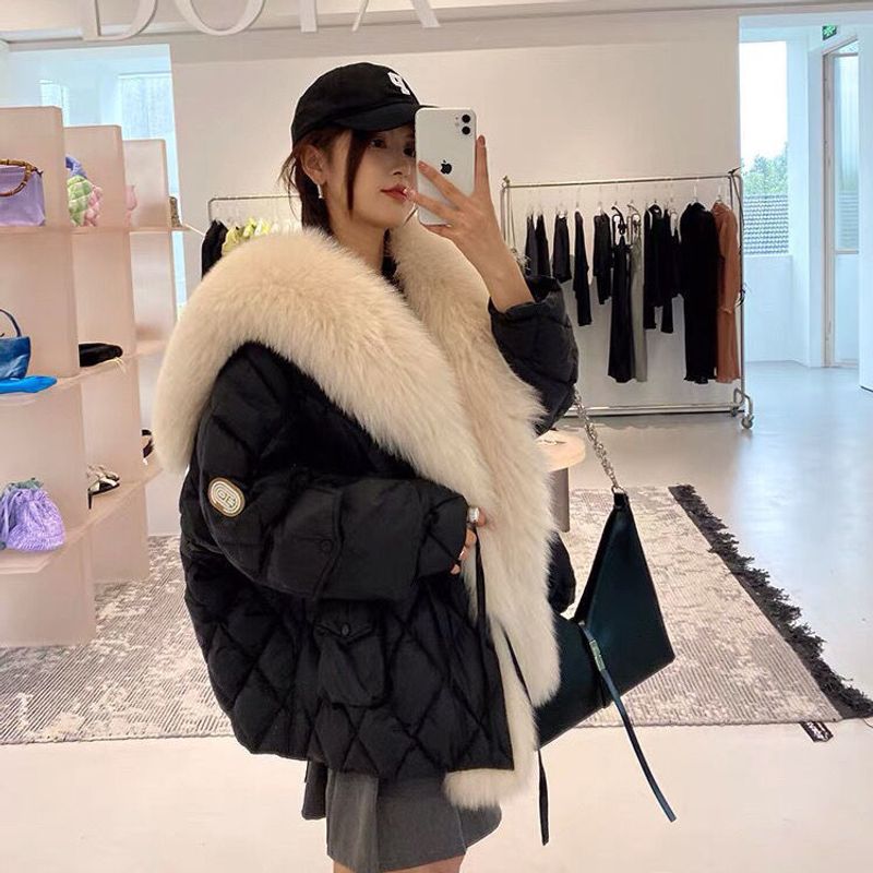 2023 Winter Neue Frauen Große Fuchs Pelz Kragen Mantel Flauschigen Lose Puffer Jacke Feder Weibliche Parka Schnee Outwear_voghion.com