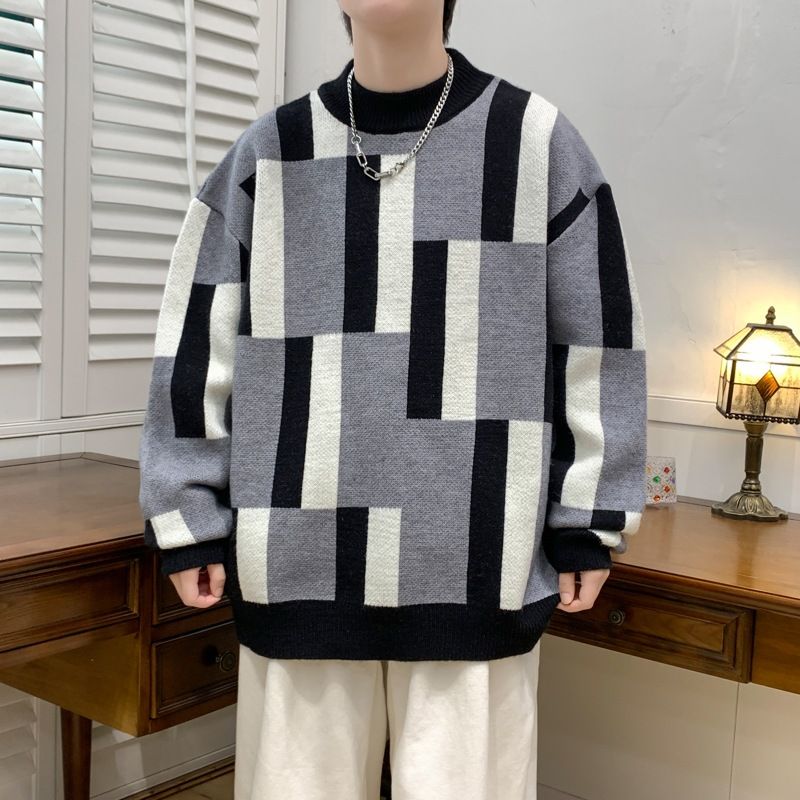 Erkek Giyim Kış Yarım Balıkçı Yaka Çizgili Kazak Erkek Kalın Sıcak Kazak Erkek Patchwork Renk Kişilik Kazak_voghion.com