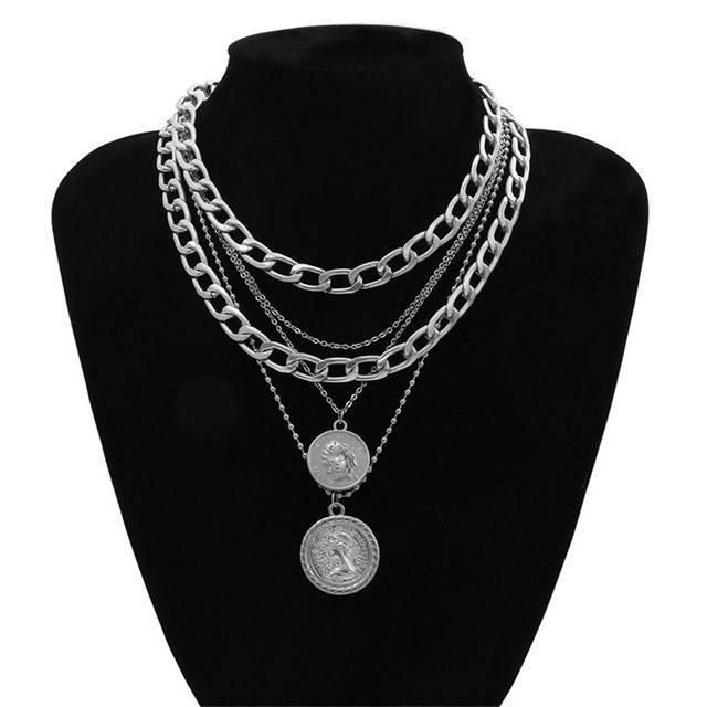 Collana con ciondolo hip-hop a forma di testa rotonda a più strati in lega europea e americana per donna, con catena a clavicola_voghion.com