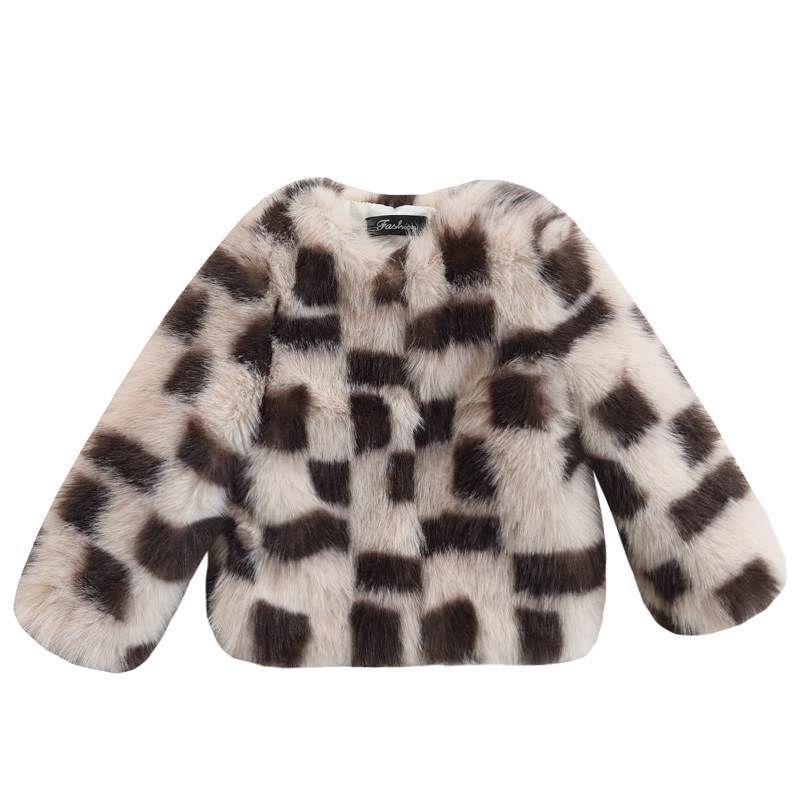 Manteau d'hiver en fausse fourrure pelucheuse pour enfants - Veste chaude et élégante à carreaux colorés pour filles, douce et confortable, à carreaux marron, 90-160 cm_voghion.com