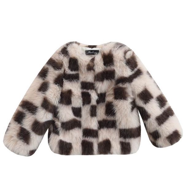Manteau d'hiver en fausse fourrure pelucheuse pour enfants - Veste chaude et élégante à carreaux colorés pour filles, douce et confortable, à carreaux marron, 90-160 cm_voghion.com