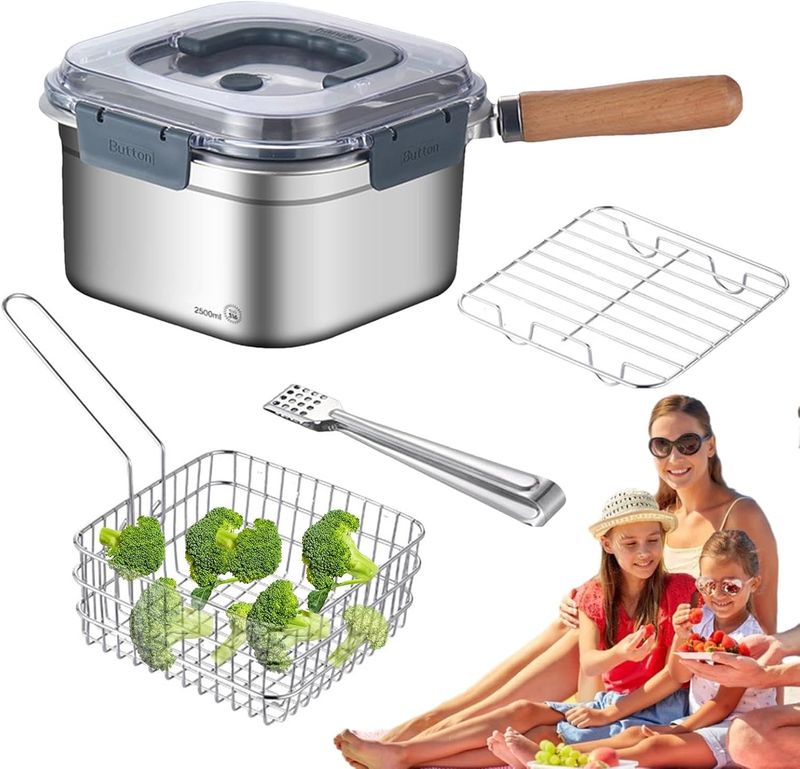 7-Piece 2500ml Silver Camping Cookware Set - Multifunctional Deep Fryer Pot, Ideal For Backpacking And Camping Adventures_voghion.com