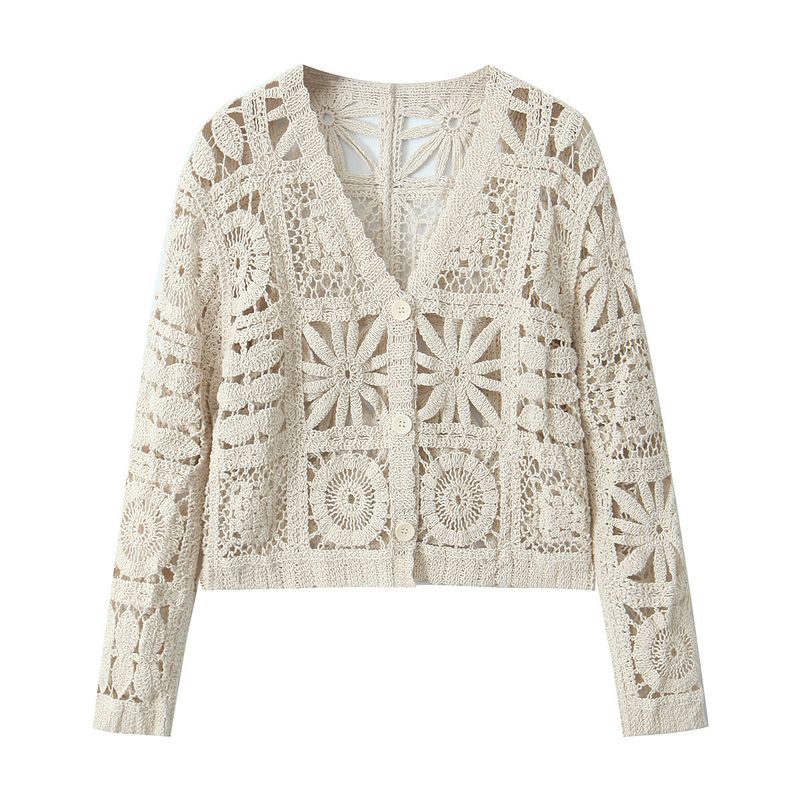 Damen-Set Sommer 2024, neues Set aus Strickjacke mit Blumenmuster und Strickhose mit Hohlhaken_voghion.com