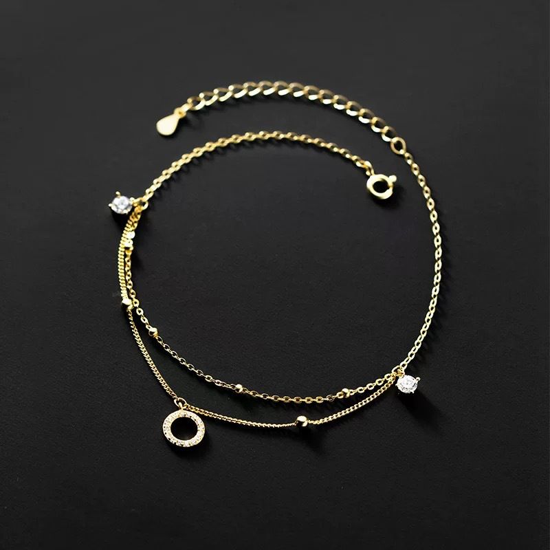 Cavigliera in argento sterling a forma di S con anello rotondo scintillante per donna, doppio strato estivo, semplice ed elegante, con diamanti intarsiati coreani_voghion.com