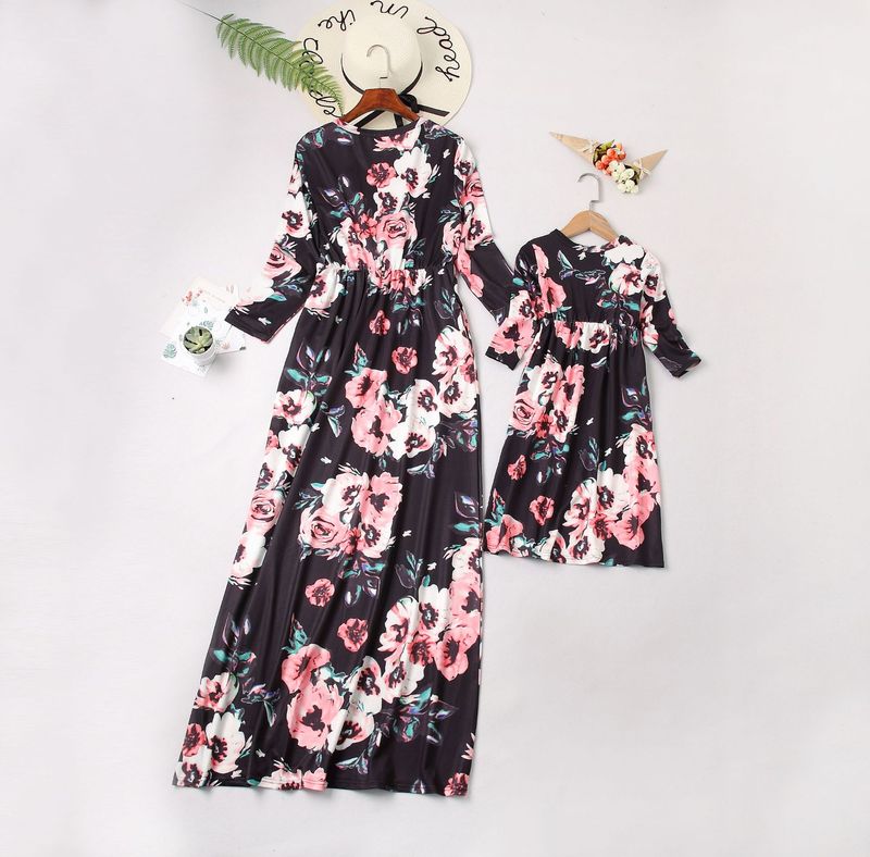 Nuovo vestito stampato madre figlia da donna con maniche a nove punte, gonna lunga, commercio estero europeo e americano, per genitori e figli_voghion.com