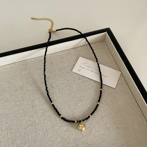 Black crystal metal heart necklace for women niche design retro personality simple versatile temperament necklace clavicle chain_voghion.com