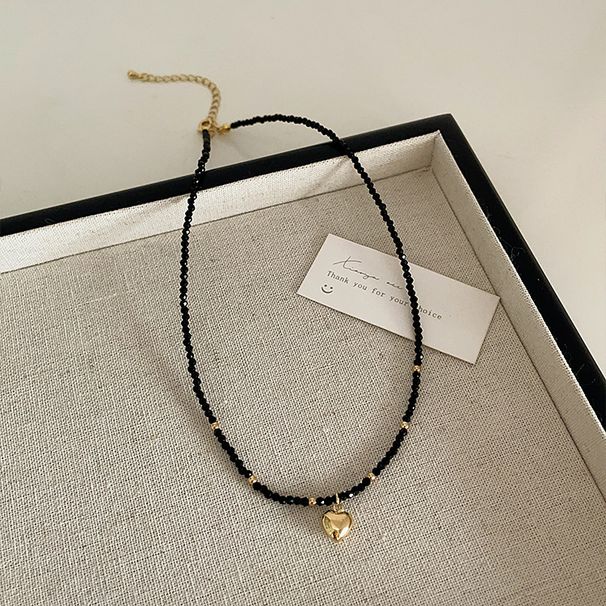 Collana a cuore in metallo cristallo nero per donna design di nicchia personalità retrò semplice e versatile collana con temperamento catena clavicola_voghion.com