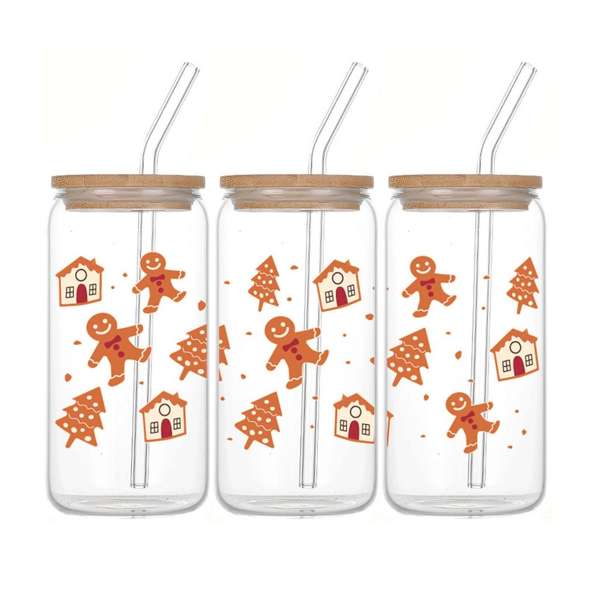 16-uncjowy szklany kubek świąteczny z piernikowym ludzikiem, bambusową pokrywką i słomką – uroczy świąteczny wzór, szkło borokrzemianowe, ekologiczny zestaw upominkowy_voghion.com