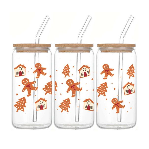 16-uncjowy szklany kubek świąteczny z piernikowym ludzikiem, bambusową pokrywką i słomką – uroczy świąteczny wzór, szkło borokrzemianowe, ekologiczny zestaw upominkowy_voghion.com