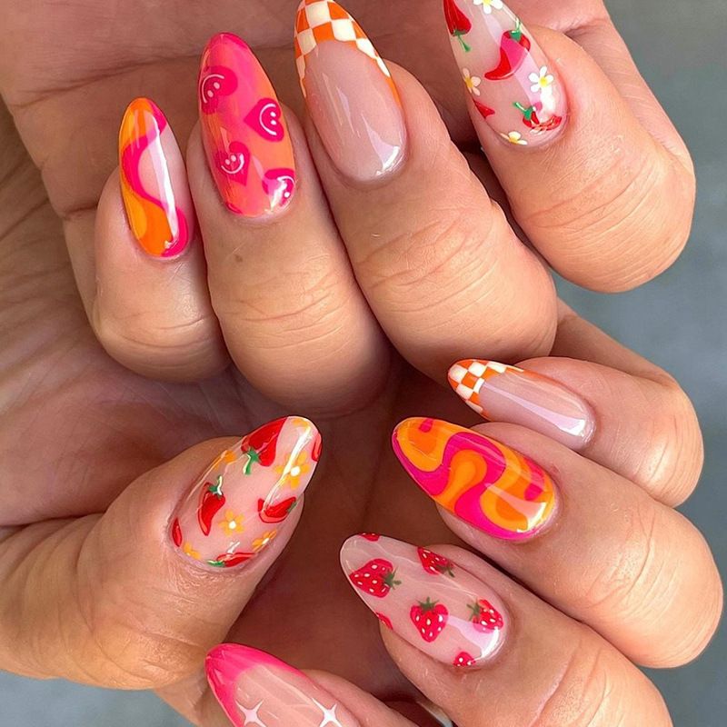 Unghie finte Sharp Nails, unghie a forma di goccia d'acqua, combinazione di frutta e verdura, unghie finte estive calde e dolci, 24 pezzi per confezione_voghion.com