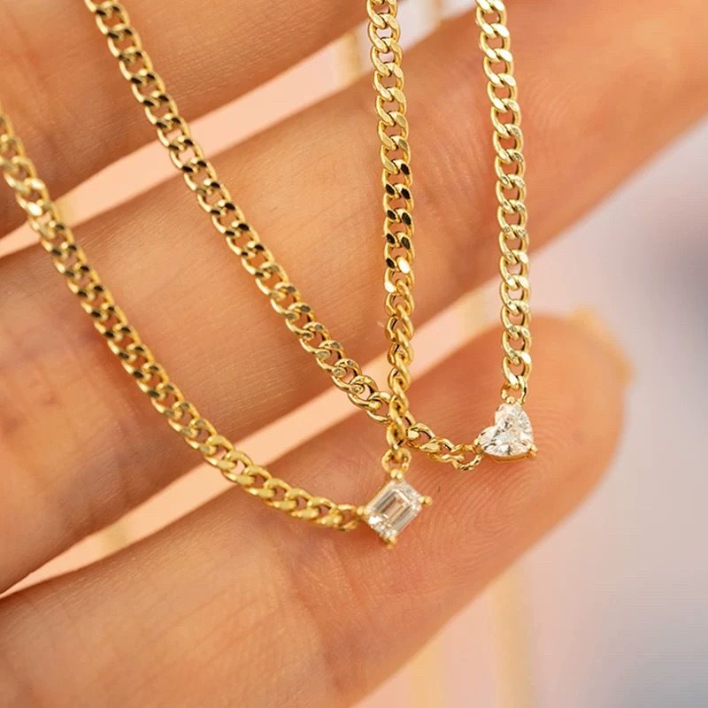 Bracciale laterale a forma di cuore in argento sterling placcato in oro 14 carati per donna, catena cubana rettangolare con diamanti, semplice e lussuoso_voghion.com