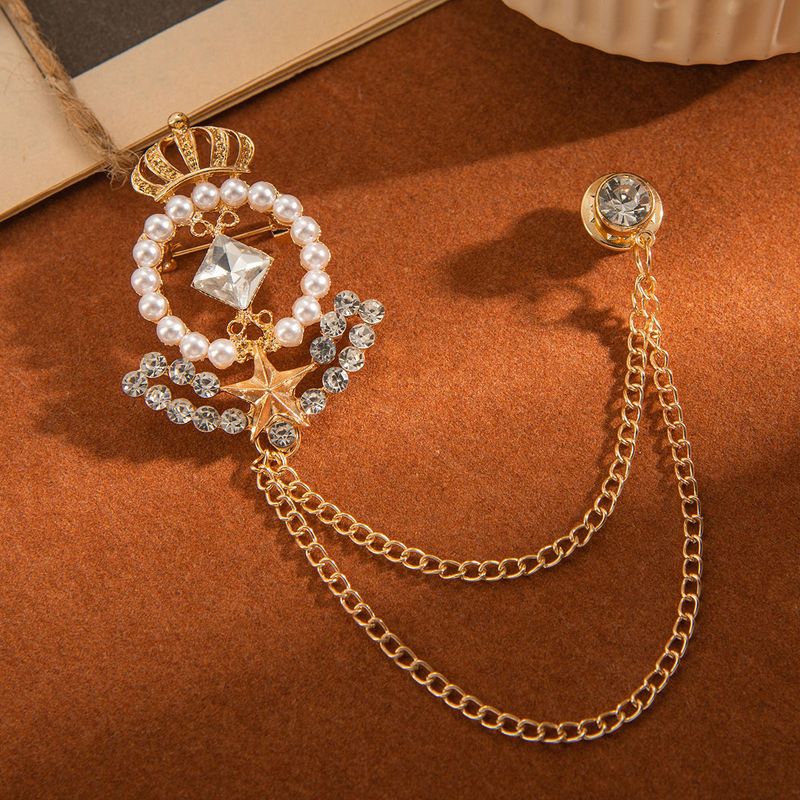 Cadena de borlas para hombre con incrustaciones de diamantes, broche de corona de perlas, prendedor, insignia de traje y flor de pecho, versión coreana_voghion.com