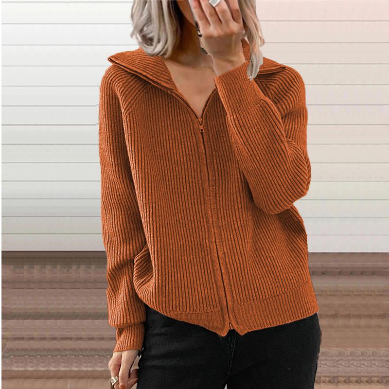 Women's Clothing striped casual jacket loose knitted sweater zipper cardigan long sleeved lapel sweater _voghion.com