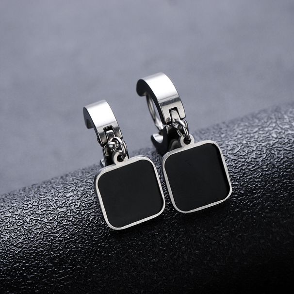 Collier pendentif long barre, boucles d'oreilles carrées noires en acier inoxydable, bracelet cubain, ensemble en acier titane inaltérable_voghion.com