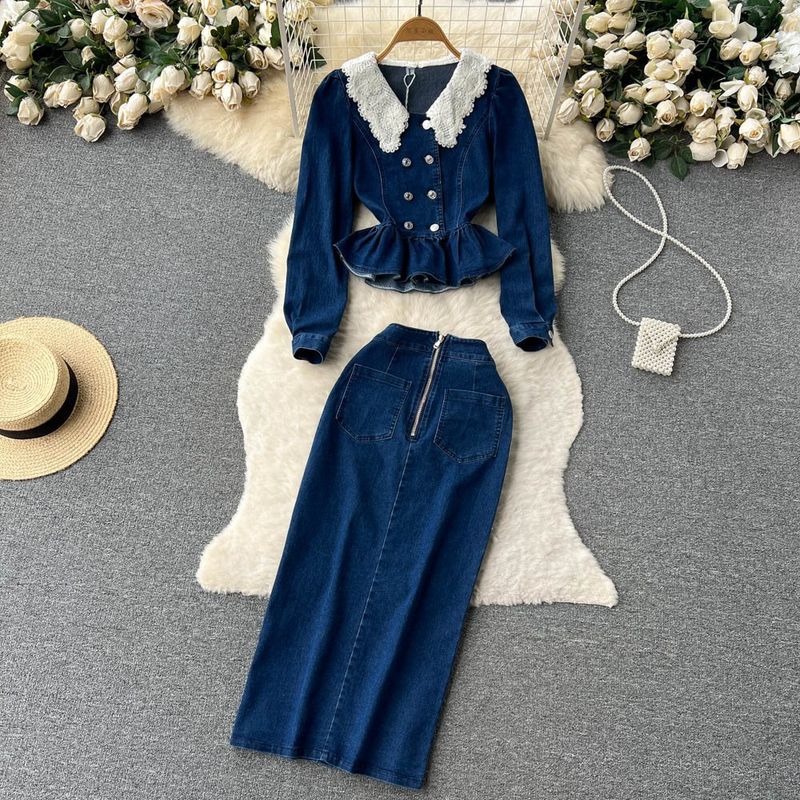 Veste en jean à col de poupée en dentelle pour femme + jupe mi-longue à la hanche, ensemble deux pièces_voghion.com