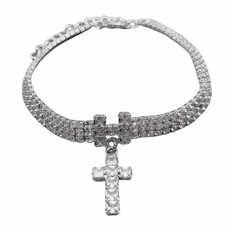 Pet Cross Pendant Necklace Loose Diamond Full Diamond Three Row Collar Zircon Pendant Gold Plated Silver Cat And Dog Chain_voghion.com