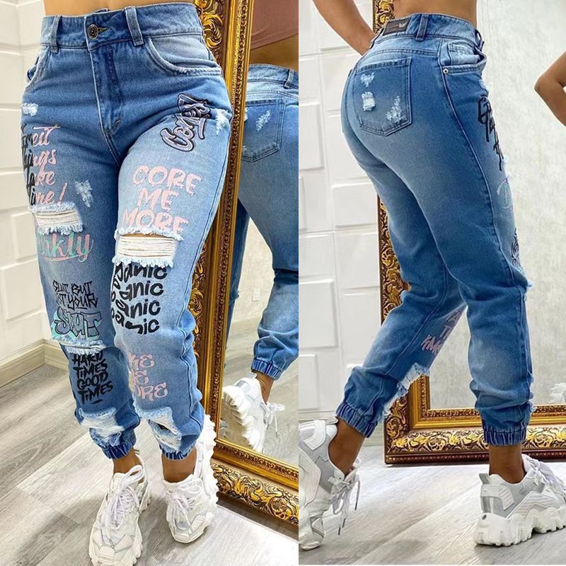 Abbigliamento Donna Nuove Lettere di Moda Tagliato Ma Liu Jeans a gamba piccola Stazione Indipendente Stazione Internazionale Pronto_voghion.com