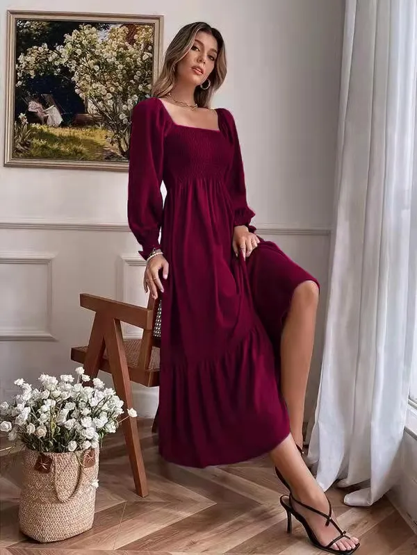 Vêtements pour femmes, pull à col carré, manches longues, à volants, taille haute, tempérament serré, robe de banlieue, automne et hiver_voghion.com