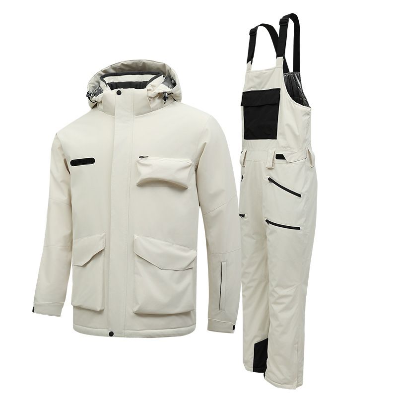 Conjunto de roupa de esqui impermeável unissex com calças de alças - Jaqueta e calças de neve de inverno para homens e mulheres - Roupa térmica à prova de vento para esqui e snowboard_voghion.com