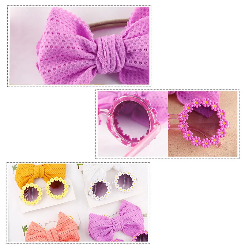 Sun Flower Sunglasses Bow Hairband Set Cute Baby Girls Hair Accessories Newborn Head Bands Summer Beach Photography Props 2Pcs_voghion.com