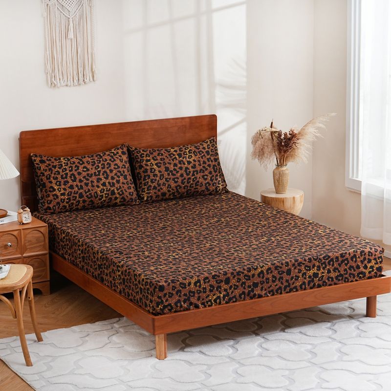 Golden Brown Leopard Print Animal Bed Sheet Polyester Skin Friendly Bed Fitted Sheet Mattress Protector Fitted Sheet_voghion.com