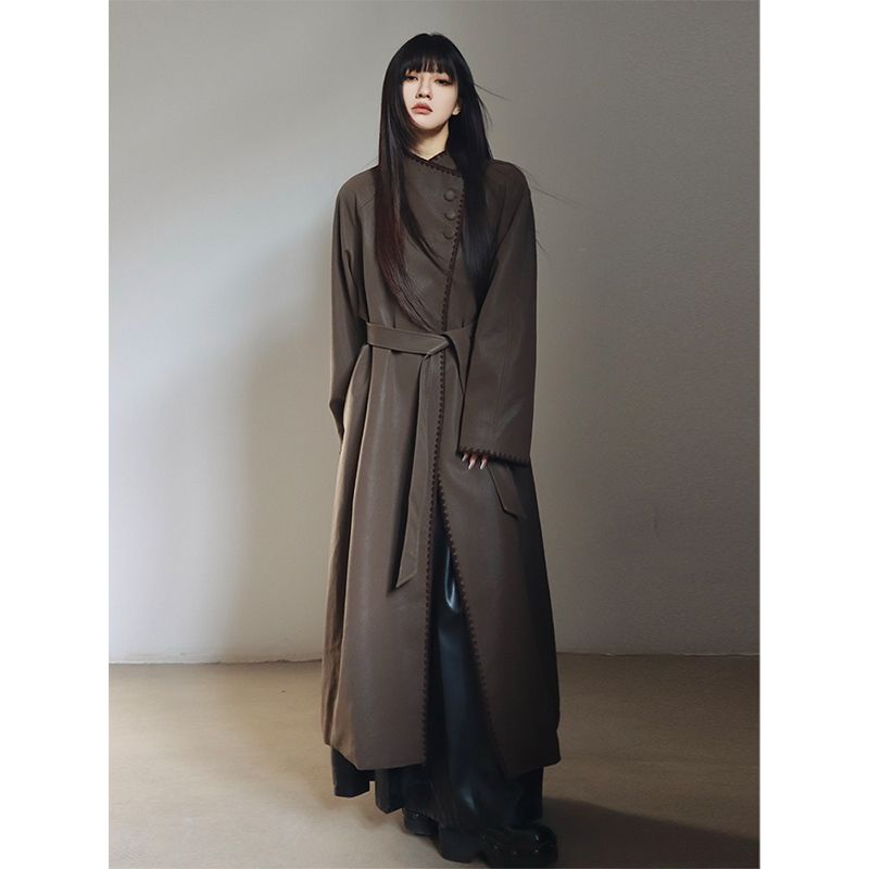 Unique Design Waist-Cinching Leather Down Jacket Women, Loose Stand Collar Long Trench Coat For Autumn And Winter_voghion.com