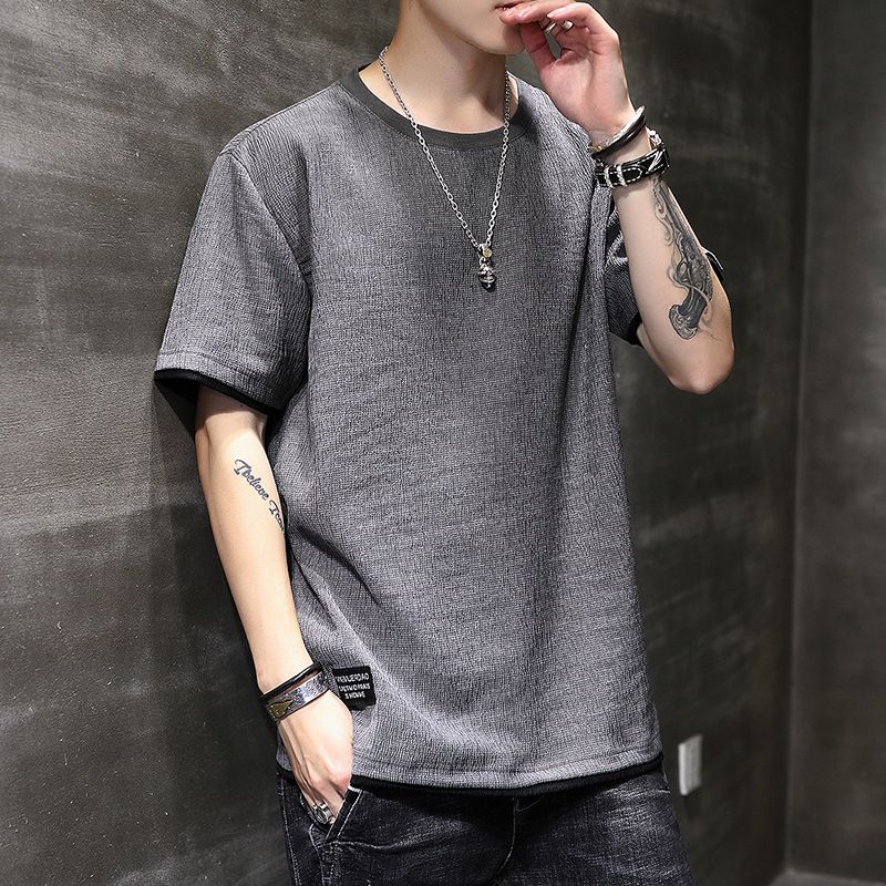 T-shirt corta da uomo estate 2024 in cotone e lino, set di abbigliamento in seta ghiacciata abbinato a un bel top a mezza manica di tendenza_voghion.com