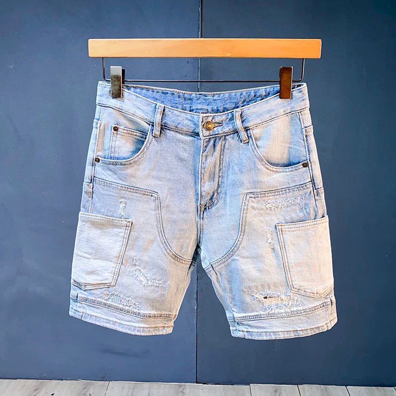 Abbigliamento da uomo, pantaloncini in denim da lavoro di alta qualità, pantaloni estivi alla moda da uomo, lavati in colori chiari, di media lunghezza, nuovi pantaloncini casual strappati_voghion.com