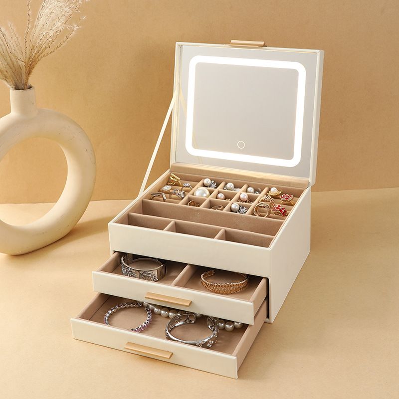 Joyero de alta gama con cajón y espejo de maquillaje con luz LED, de poliuretano, de gran capacidad, de tres capas, para pendientes, anillos, collares y joyas._voghion.com