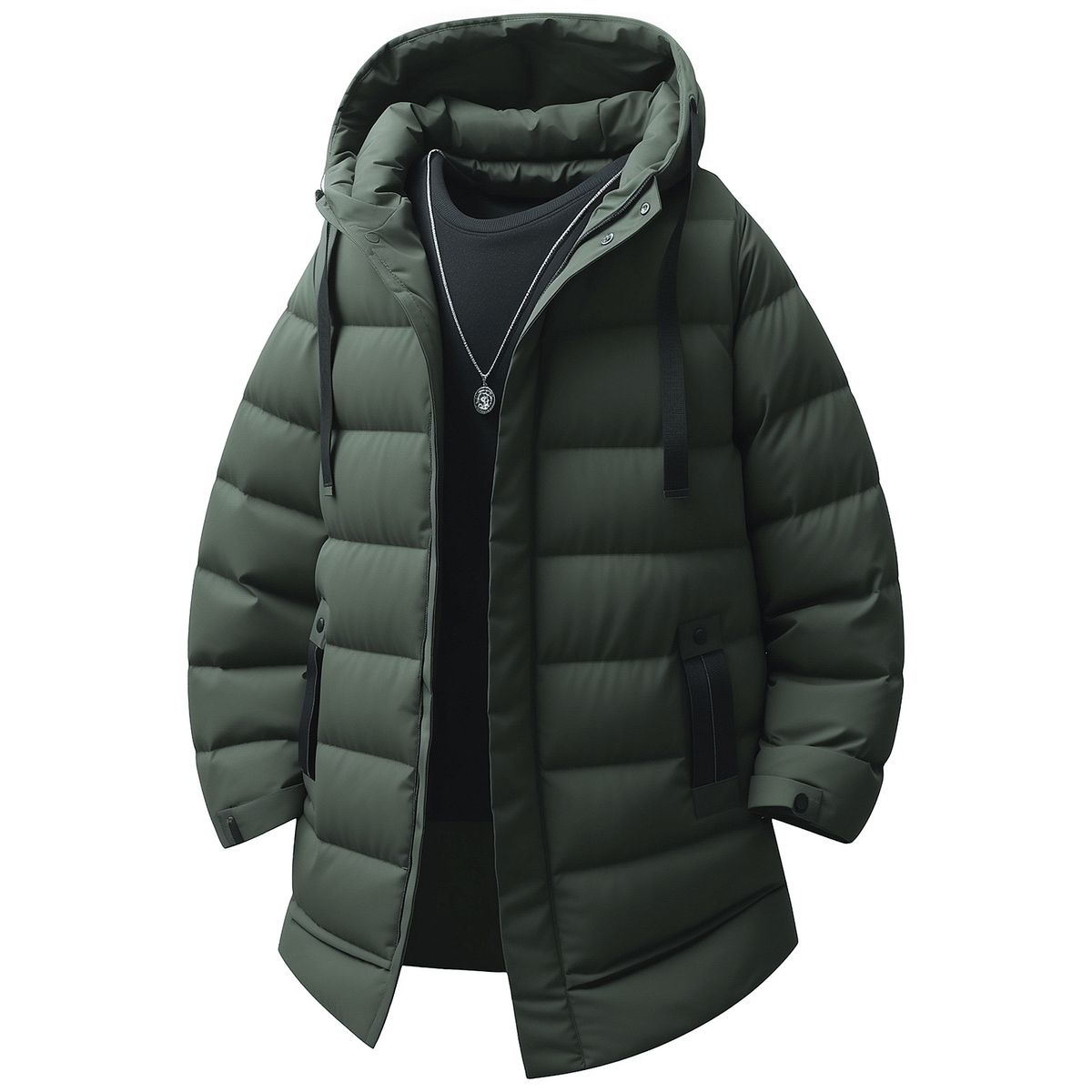 Cappotto invernale premium da uomo – Giacca in cotone di media lunghezza con cappuccio (nero/grigio/verde militare) | Caldo e versatile per gli esploratori urbani_voghion.com