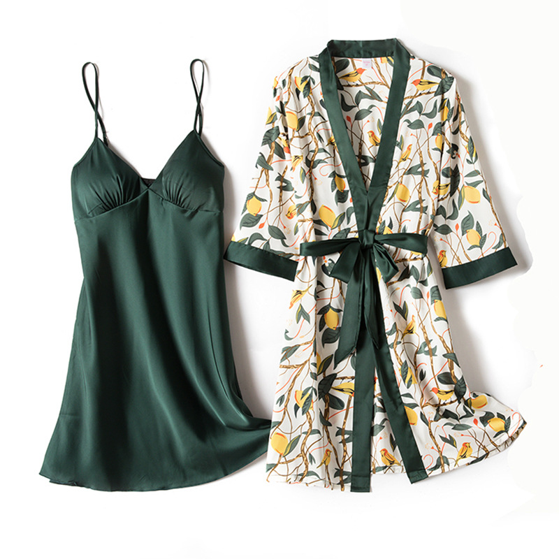 Pigiama di seta femminile Camicia da notte a due pezzi con bretelle a maniche lunghe Camicia da notte stampata in seta sottile con cuscinetto per il seno_voghion.com