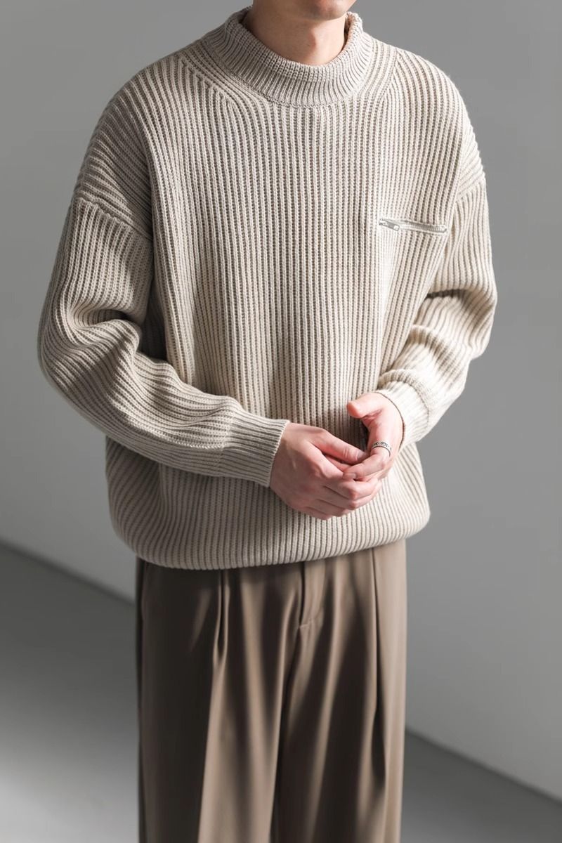 Neuer lockerer Pullover mit langen Ärmeln für Herbst und Winter, trendiger Reißverschluss für Herren, Strickpullover mit halbhohem Kragen_voghion.com