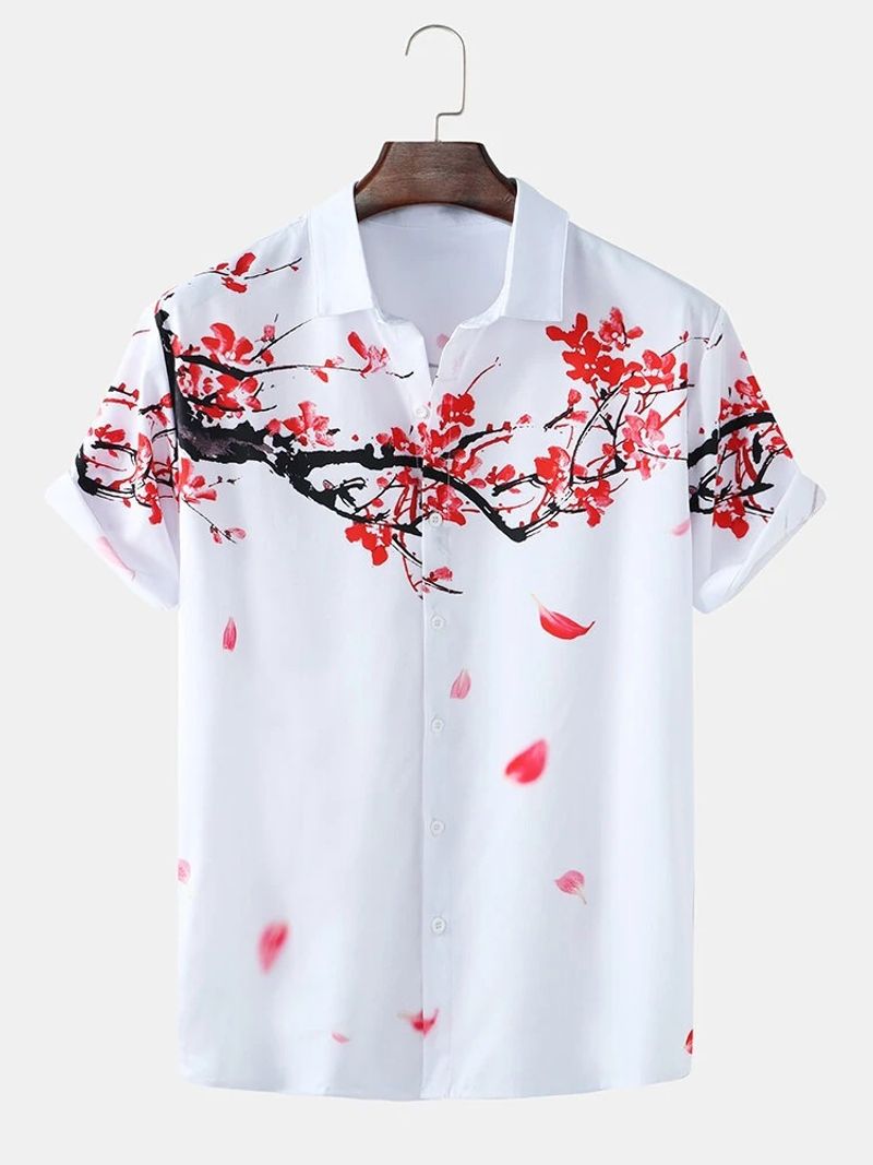 men's casual ink painting plum blossom short-sleeved shirt beach shirt cardigan_voghion.com