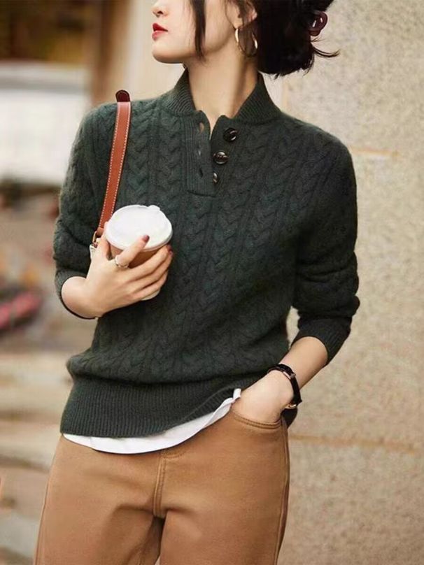 Solid color Fried Dough Twists knit women's long sleeve pullover autumn and win new collar button coat bottoming_voghion.com